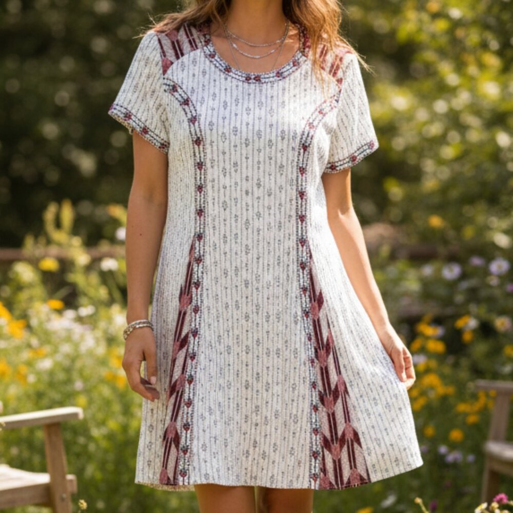 THML Western Boho Embroidered Dress M White Burgundy Red Casual Short Sleeves